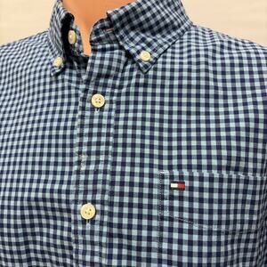 Tommy Hilfiger Button Up Shirt Boys Large Casual Blue Check Short Sleeve